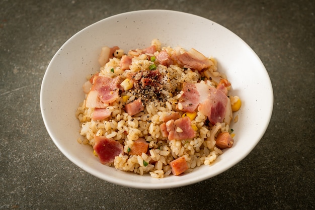 fried rice with bacon ham and black peppers bowl