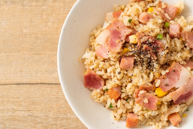 fried rice with bacon ham and black peppers bowl