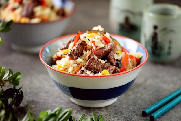 Fried rice with beef meat corn eggplant carrots garlic bell pepper and garlic