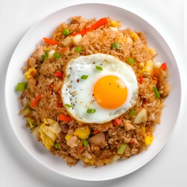 Fried rice with fried egg and vegetables on white background top view