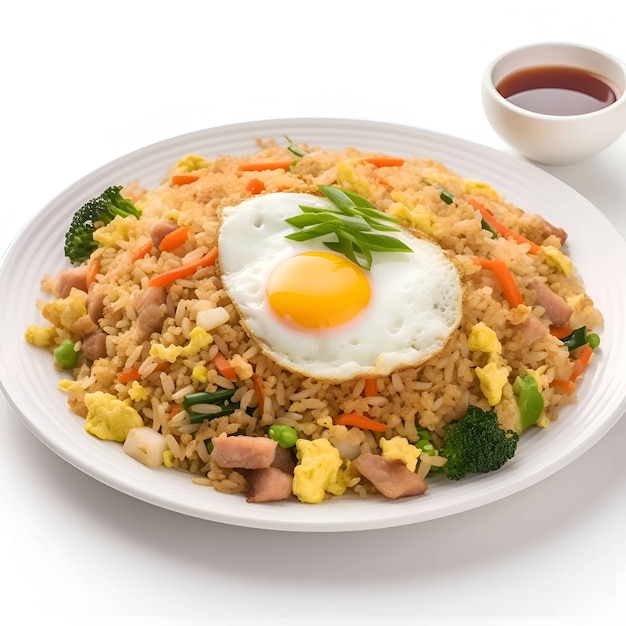 Fried rice with fried egg and vegetables on white plate isolated on white background