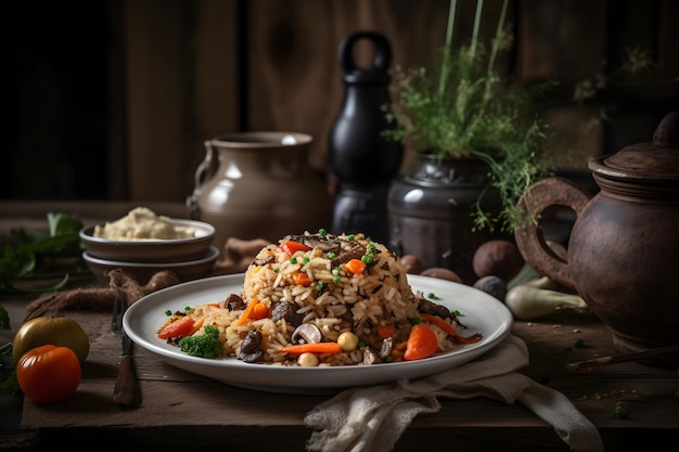 Fried rice with meat and vegetables in a plate on a black background