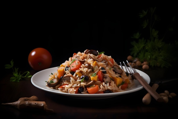 Fried rice with meat and vegetables in a plate on a black background