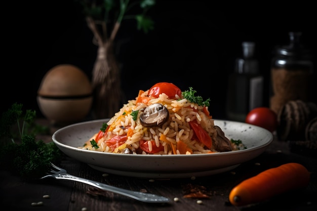 Fried rice with meat and vegetables in a plate on a black background