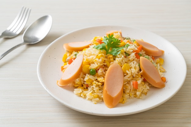 fried rice with sausage and mixed vegetable