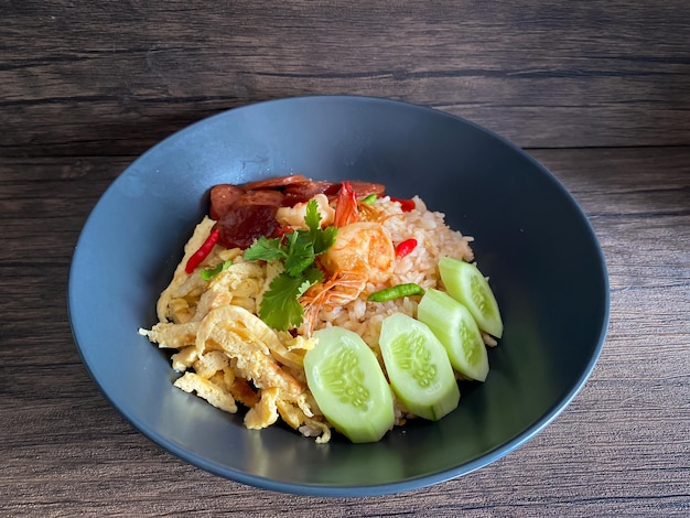 Fried rice with spicy shrimp paste dip on the table