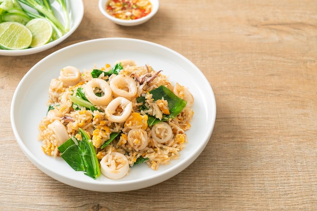 Fried rice with squid or octopus - stir-fried rice with squid, egg and kale