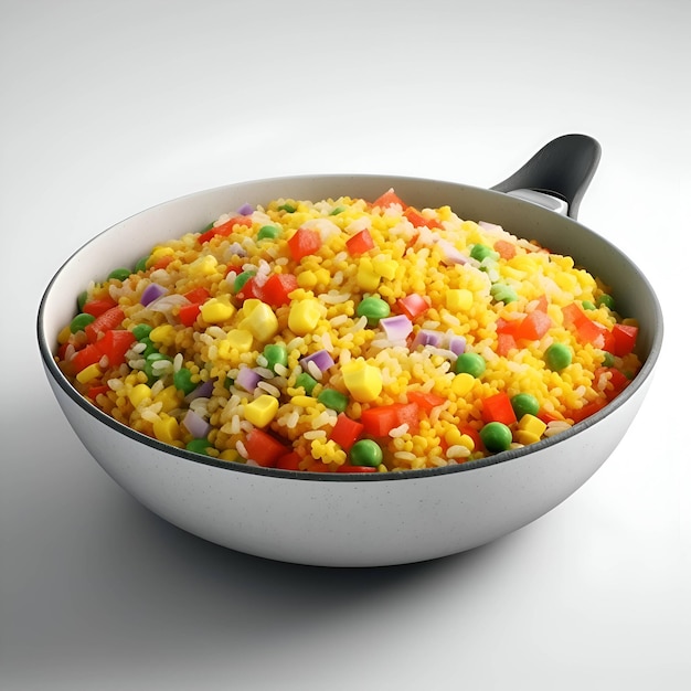 Fried rice with vegetables in a frying pan on a white background