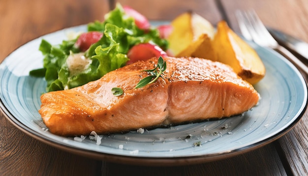 Photo fried salmon fish with fresh salad and potato tasty dish delicious food for healthy meal closeup