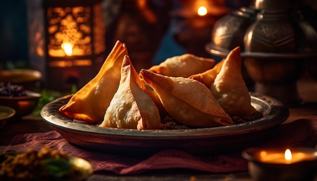 Fried samosas in crockery bowl on wooden plate generated by AI