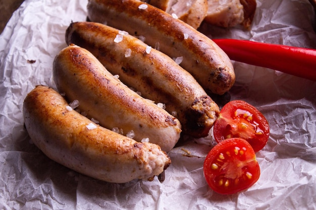 fried sausages lie on edible paper, next to red hot peppers and chopped cherry tomato