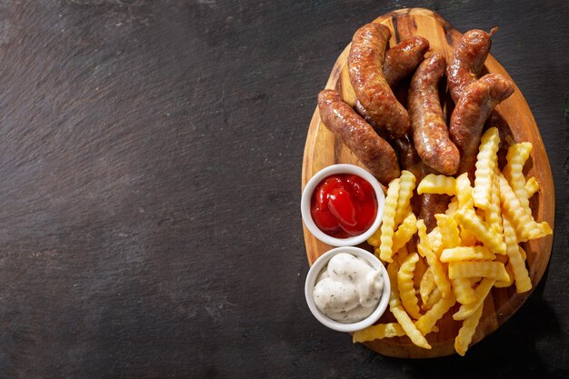 Fried sausages with french fries on a wooden board