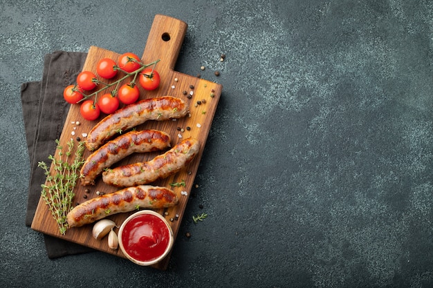 Fried sausages with sauces and herbs.