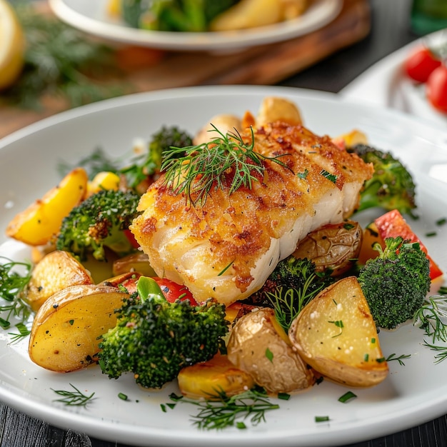 Fried Sea Cod Fillet with Baked Vegetables on White Restaurant Plate Breaded Atlantic Codfish Filet