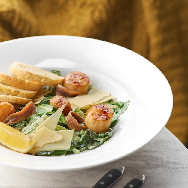 Fried Sea Scallop with White Sauce on Elegant Restaurant Plate Gourmet Clams Meat with Fresh Lettuce Leaves