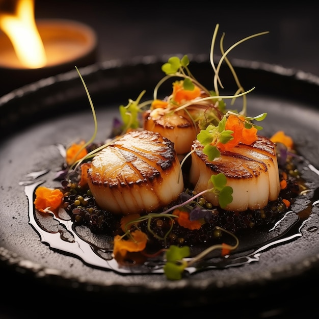 Fried sea scallops on a dish in soy sauce decorated with small flowers High resolution