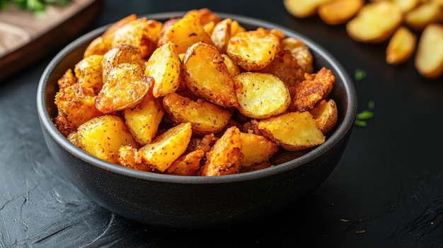 Fried seasoned potatoes in a bowl on the table in the kitchen traditional country style cuisine