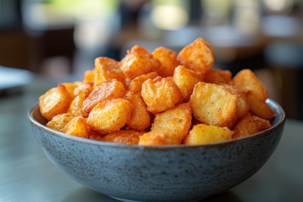 Fried seasoned potatoes in a bowl on the table in restaurant Traditional country style cuisine