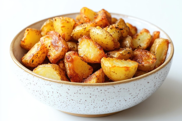 Fried seasoned potatoes in a bowl on white background Traditional country style cuisine