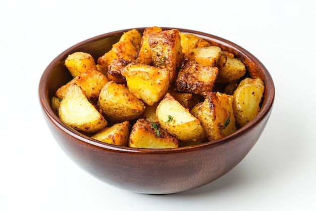 Fried seasoned potatoes in a bowl on white background traditional country style cuisine