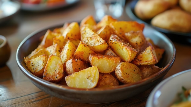 Fried seasoned potatoes in a bowl on wooden table in restaurant Traditional country style cuisine