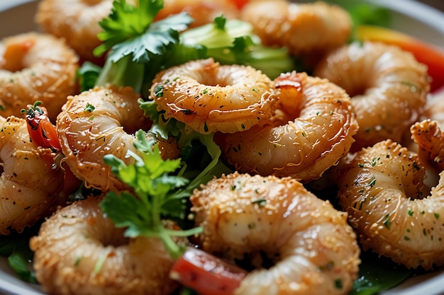 fried shrimp dishes with beautiful and appetizing fresh vegetables