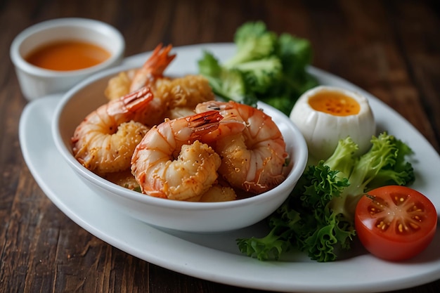 fried shrimp dishes with beautiful and appetizing fresh vegetables