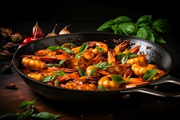 fried shrimp with Italian tomato sauce in a cast iron skillet generative ai