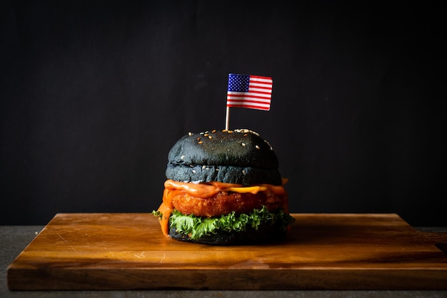 Fried shrimps burger on wood tray