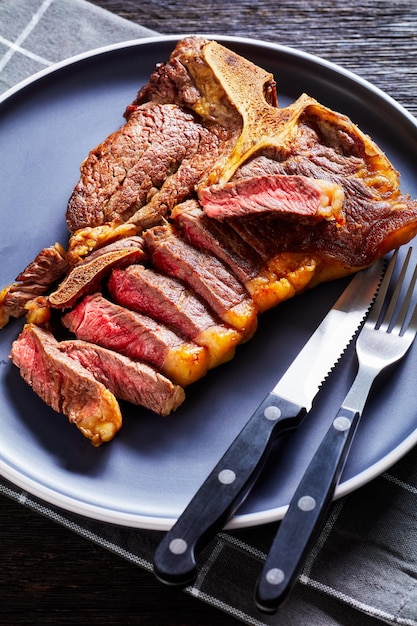 Fried sliced porterhouse steak on a plate