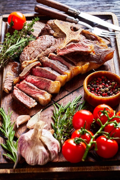 Fried sliced porterhouse steak on a wooden board