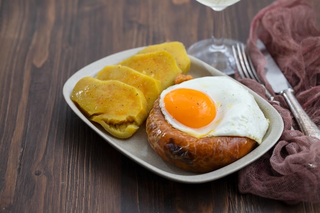 Fried smoked sausage alheira with fried egg and sweet potato