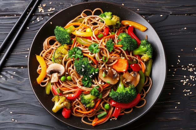 Photo fried soba noodles with mushrooms broccoli and carrots in bowl