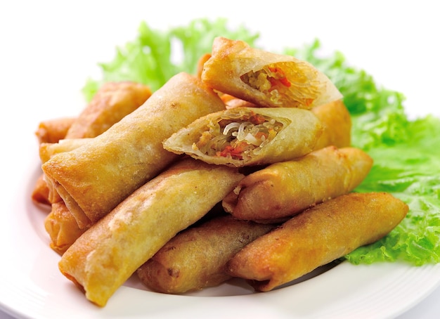 Fried spring rolls on plate