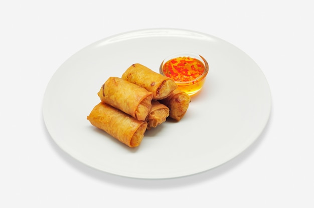  Fried Spring Rolls in white plate on white background