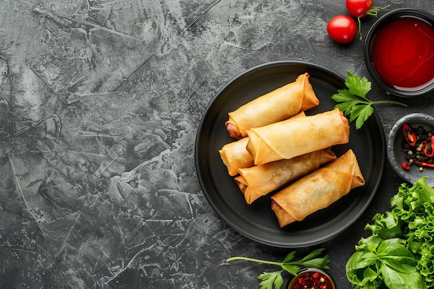 Photo fried spring rolls with sauce on a black plate garnished with cilantro and red pepper on a dark background