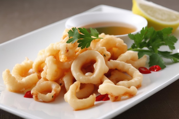 Fried squid with a sauce on a plate