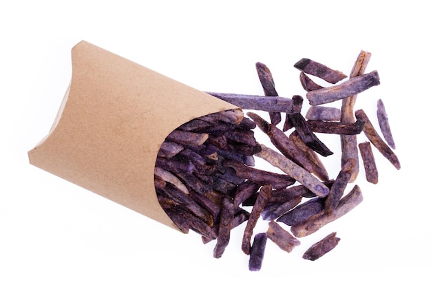 fried taro snacks in brown bag paper isolated on white background