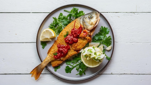 Photo fried tilapia with chili sauce lemon salad and garlic on a plate on a white wooden background