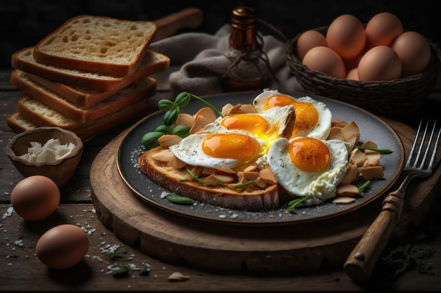 Fried Toast bread with four different types of cooked chicken eggs AI generated