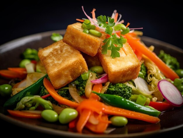 fried tofu on a bed of sliced vegetables