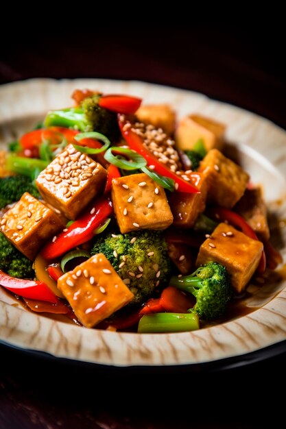 Fried tofu cheese with broccoli and vegetables Selective focus