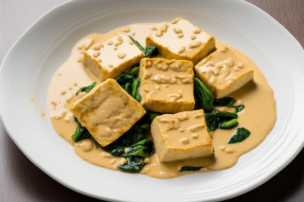 Fried tofu on a white platter with salted egg sauce