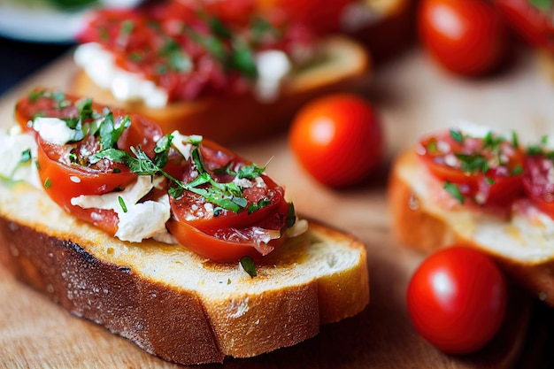 Fried tomatoes with cheese basil on toast baguettes bruschetta with gourmet oil