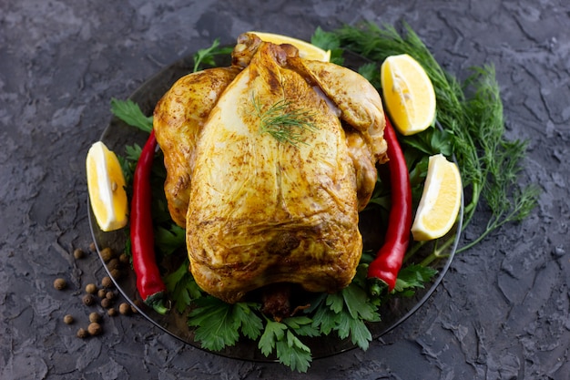 Fried whole chicken on a platter.