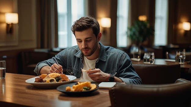 A friend helping to his friend to eating food in a hotel two men eating food 2 men in hotel room