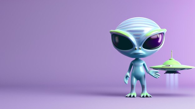 Photo a friendly alien with large eyes and a flying saucer in a purple room