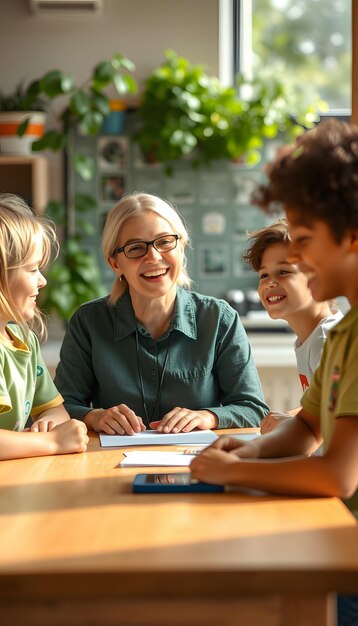 Photo friendly ambience happy schoolchildren being gathered around their ecology teacher sitting at the