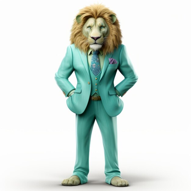 Friendly Anthropomorphic Lion In Green Turquoise Suit