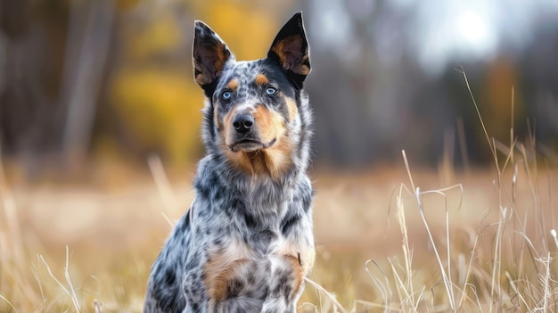 Photo a friendly australian cattle dog with its distinctive blue coat sitting on a farm